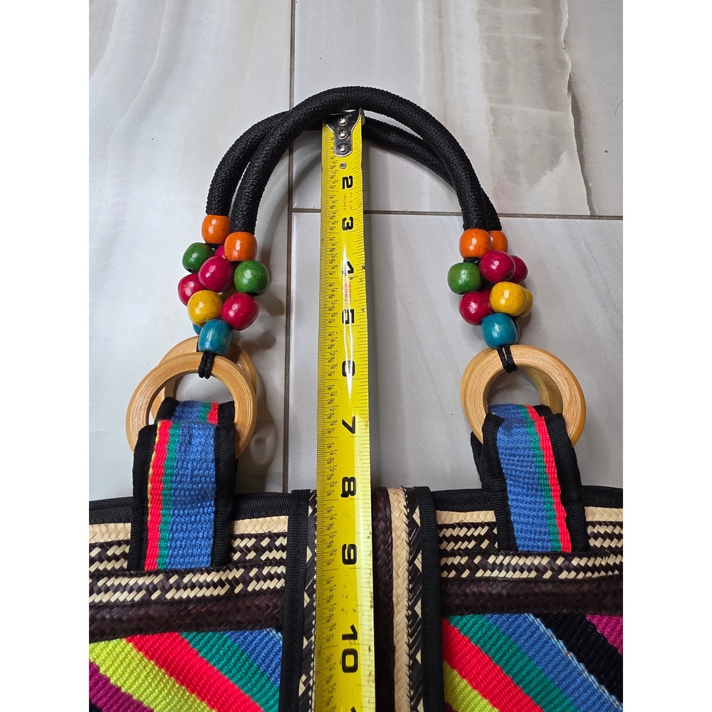 Boho Woven Straw Striped Tote Bag Multi Color Embroidered Floral Wooden F1 - Picture 13 of 16